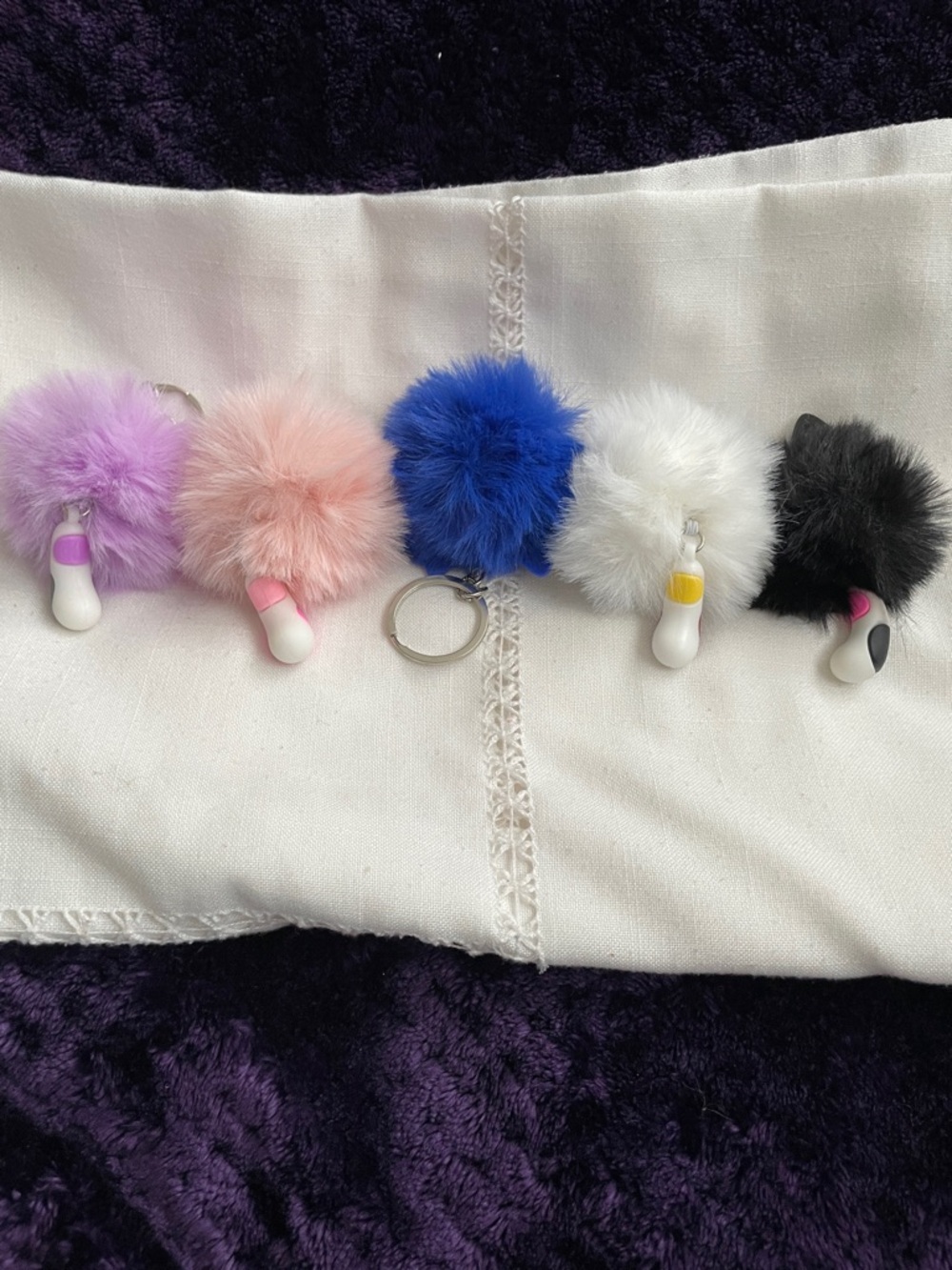 Keychain/Bag Charms 5 Fluffy Pom Pom,Purple,Pink,Blue,White,Black NEW - Picture 7 of 8